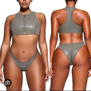 SKIMS Rubberized Scuba High Neck Dipped Scoop Bikini Gray 2 Piece Set Medium